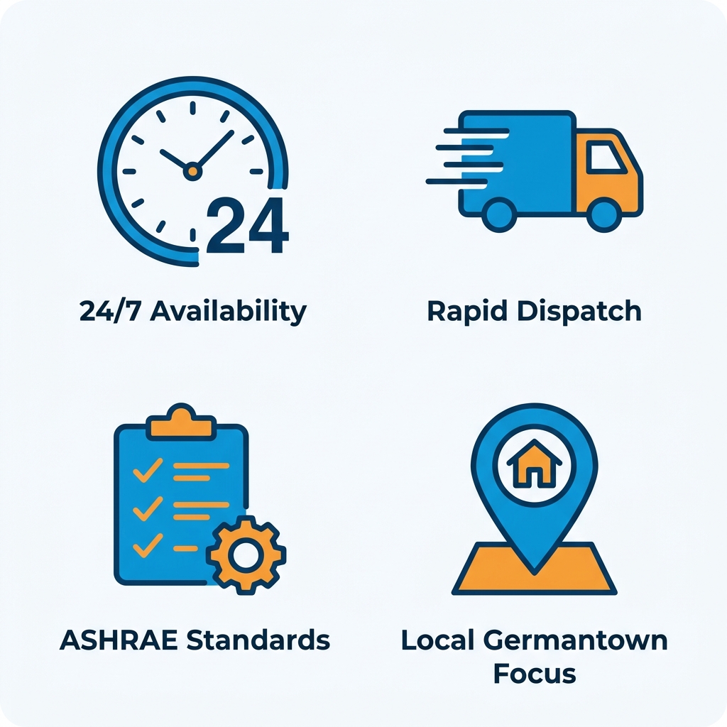 Third Coast HVAC emergency response icon set showing 24/7 availability, rapid dispatch, ASHRAE standards, and local Germantown focus