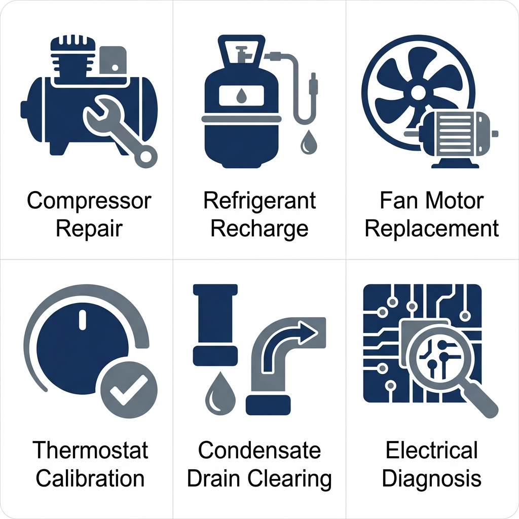 Six HVAC service icons arranged in a 2 by 3 grid showing compressor repair, refrigerant recharge, fan motor replacement, thermostat calibration, condensate drain clearing, and electrical diagnosis on a clean white background with navy and cool gray details.