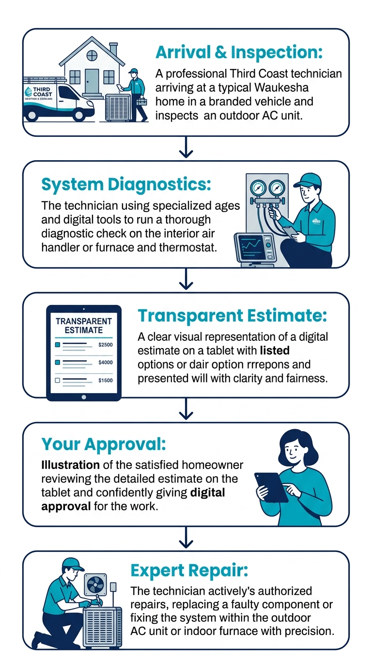 Vertical process flow showing five stages of AC repair by Third Coast Heating & Cooling: arrival and inspection, system diagnostics, transparent estimate, customer approval, and expert repair, with teal rectangles and navy blue text on white background.