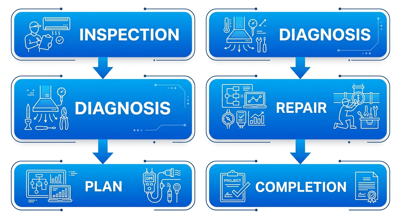 Vertical process flow diagram showing 6 steps of HVAC service from Inspection to Completion with blue rounded cards and arrows.