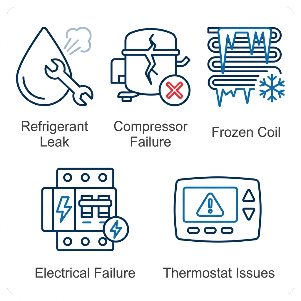 Five outline icons with blue strokes on white background representing common AC emergencies: refrigerant leak, compressor failure, frozen coil, electrical failure, and thermostat issues, each with a dark gray label.