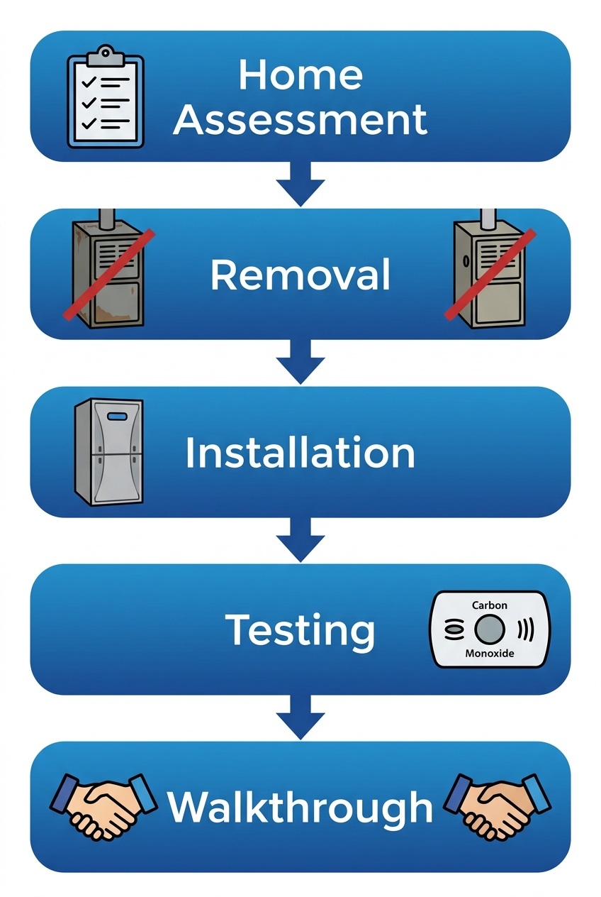 Process flow diagram of furnace installation featuring five stages with icons: Home Assessment with clipboard, Removal with old furnace crossed out, Installation with new furnace, Testing with CO detector, Walkthrough with handshake. Blue gradient rounded rectangles connected by downward arrows.