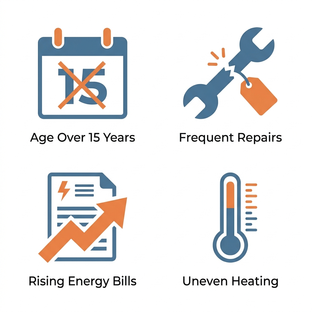 Four flat icons on white background representing furnace replacement warning signs: calendar with 15 crossed out, broken wrench with price tag, upward arrow on bill, thermometer with hot and cold zones. Muted blue and orange palette, labels in sans-serif font.