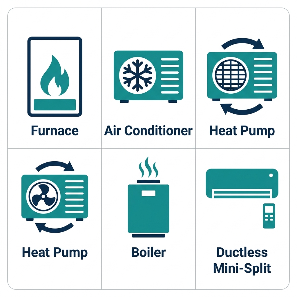 Five flat icons representing emergency HVAC services: Furnace, Air Conditioner, Heat Pump, Boiler, and Ductless Mini-Split, labeled in dark navy text on white background.