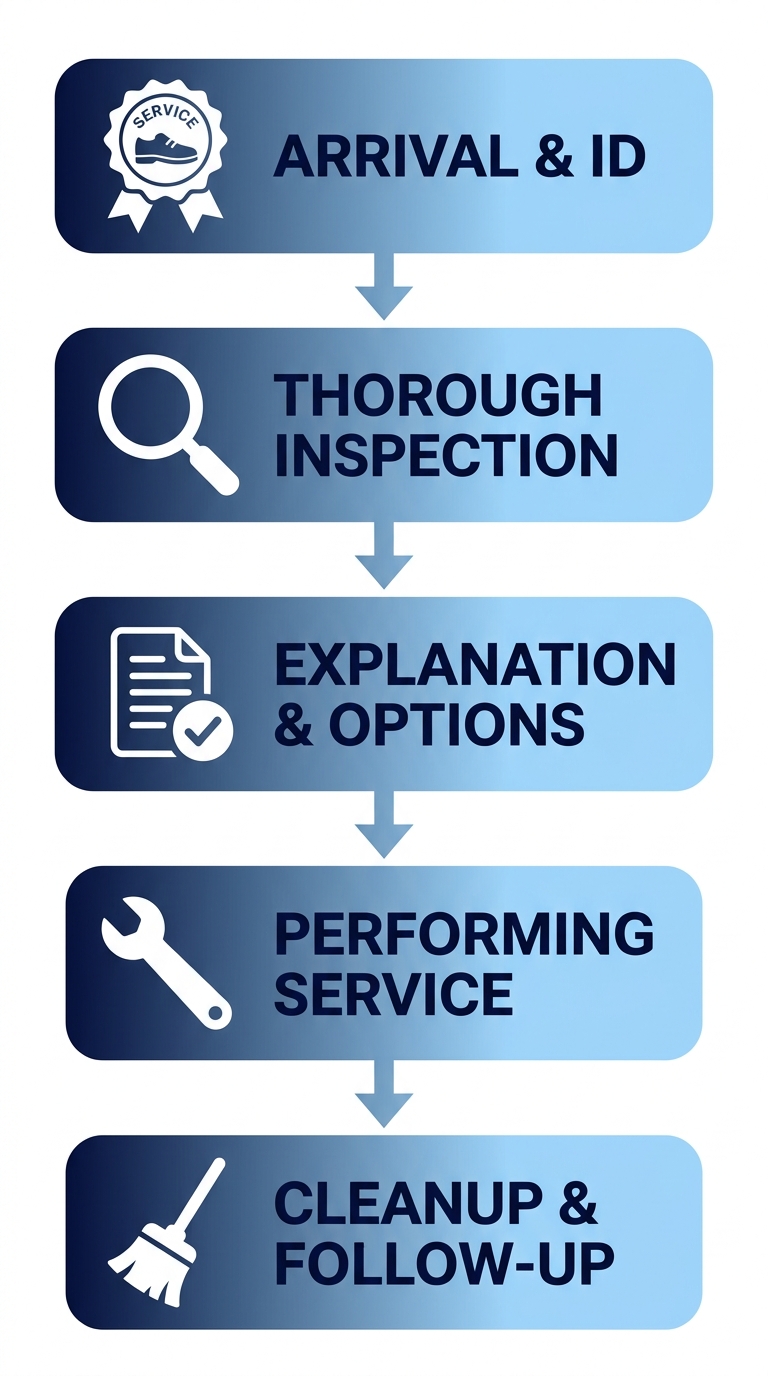 Vertical process flow diagram of HVAC technician visit stages from arrival to cleanup, with icons for each step, following ASHRAE standards.