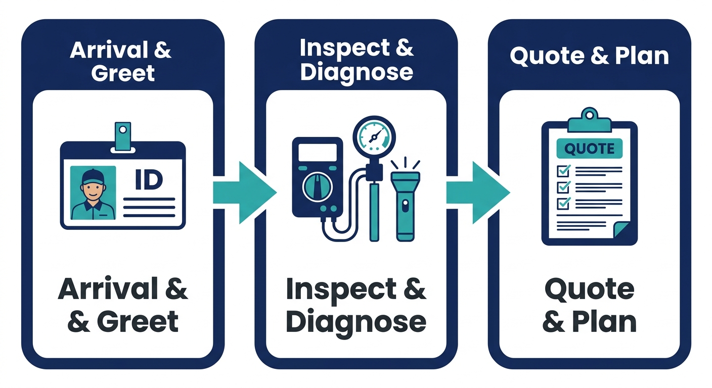 Horizontal three-step process flow depicting a Third Coast Heating & Cooling technician visit: arrival, system inspection, and recommendation with a clear quote. Icons include ID badge, inspection tools, and clipboard.