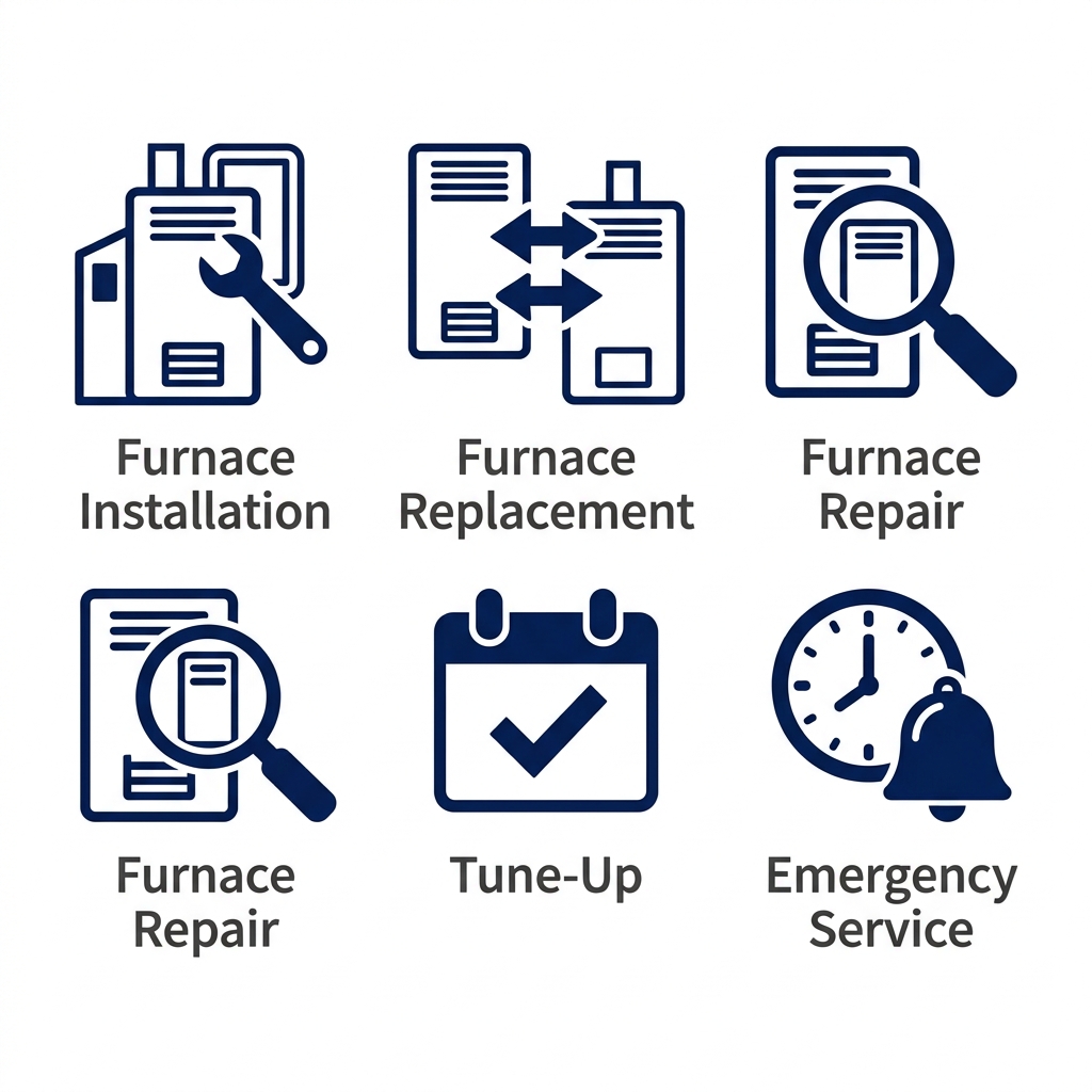 Five outline icons representing furnace services: installation, replacement, repair, tune-up, and emergency service, with dark gray labels on a clean white background.
