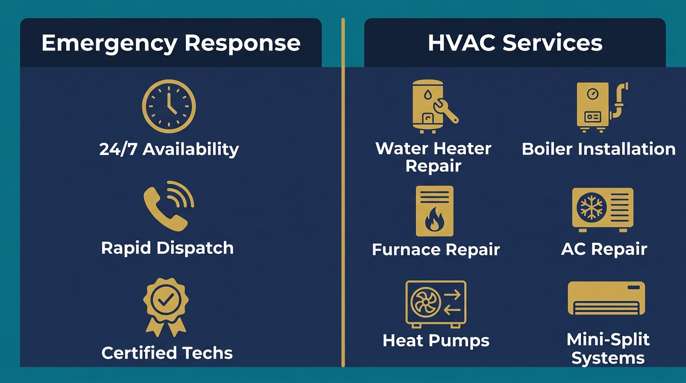 Infographic with two columns: Emergency Response showing three icons for 24/7 Availability, Rapid Dispatch, and Certified Techs; HVAC Services showing six icons for Water Heater Repair, Boiler Installation, Furnace Repair, AC Repair, Heat Pumps, and Mini-Split Systems, on a navy blue background with teal accents and gold details.