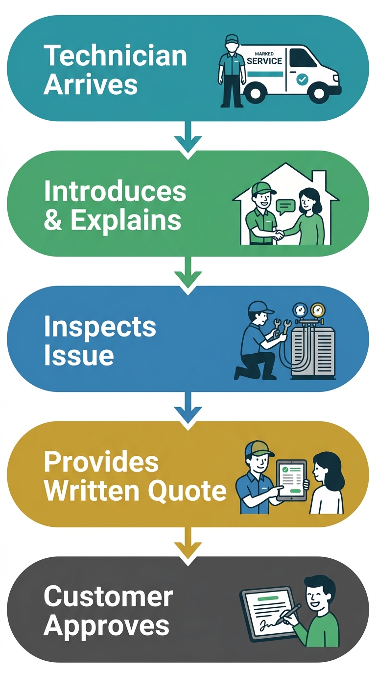 Vertical process diagram showing five stages of HVAC service pricing: technician arrival, introduction, inspection, written quote, and customer approval, with teal, green, blue, gold, and dark gray steps.