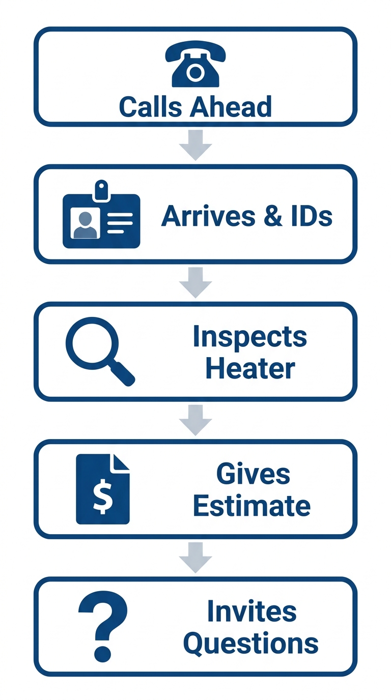 Vertical process flow diagram illustrating five steps of a water heater service call by Third Coast Heating & Cooling: technician calls ahead, arrives with ID, inspects heater, provides estimate, and invites questions, with blue icons and rounded rectangles.