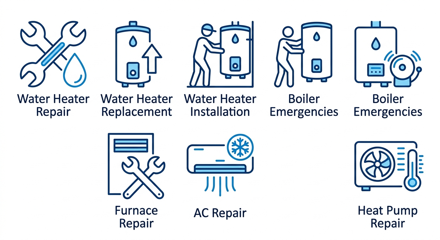 Infographic grid of seven HVAC emergency service icons with labels: Water Heater Repair, Water Heater Replacement, Water Heater Installation, Boiler Emergencies, Furnace Repair, AC Repair, Heat Pump Repair, on white background with blue outlines.