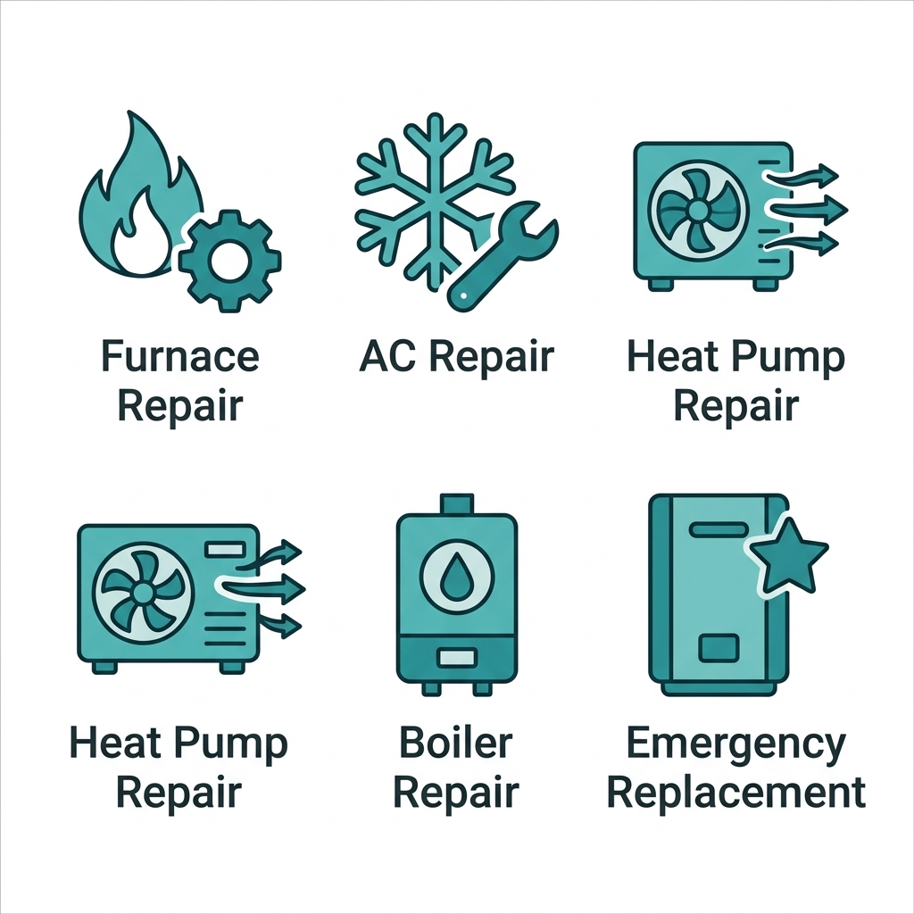 Five icons representing HVAC emergency services: furnace repair, AC repair, heat pump repair, boiler repair, and emergency replacement, each with a descriptive glyph and label.