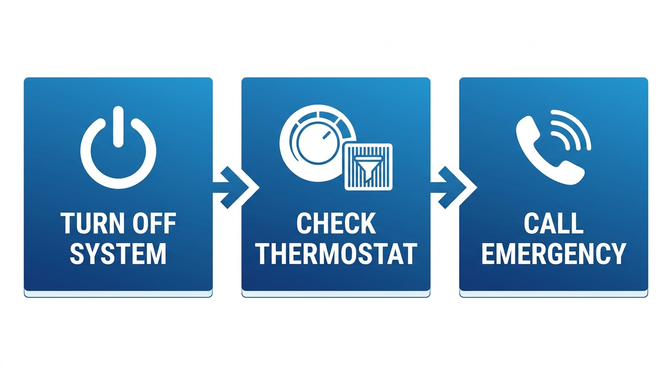 Three-step horizontal process flow diagram for HVAC emergency safety: Turn Off System, Check Thermostat, and Call Emergency, with blue gradient boxes and icons.