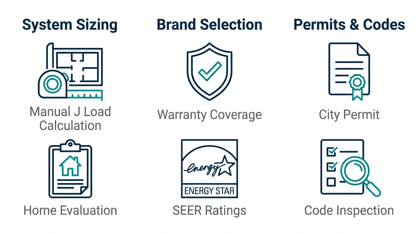 Infographic with three columns showing key AC replacement decisions: System Sizing (Manual J Load Calculation, Home Evaluation), Brand Selection (Warranty Coverage, SEER Ratings), and Permits & Codes (City Permit, Code Inspection). White background with dark blue headers, teal icons, and gray labels.