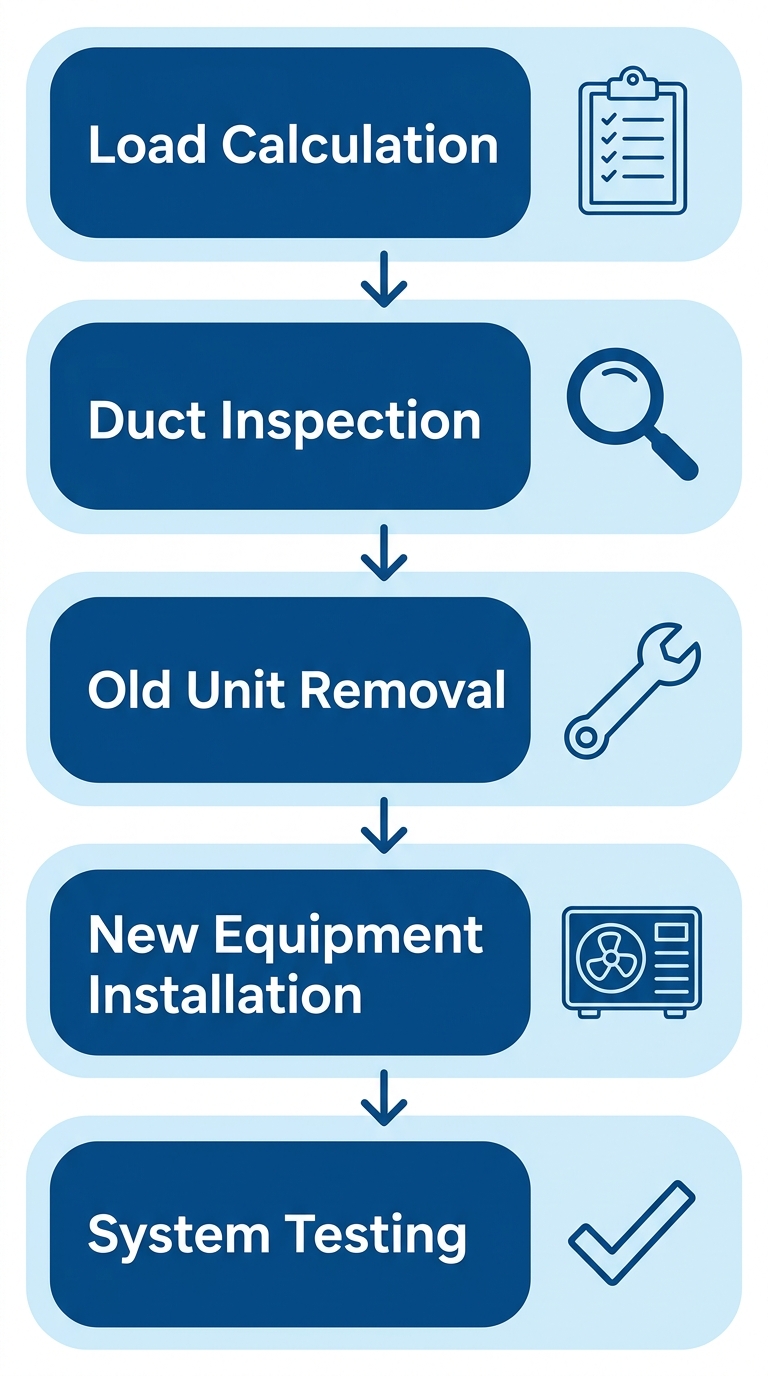 Vertical process flow illustrating the five stages of professional AC installation: load calculation, duct inspection, old unit removal, new equipment installation, and system testing, with icons and downward arrows on a blue gradient background for Third Coast Heating & Cooling.