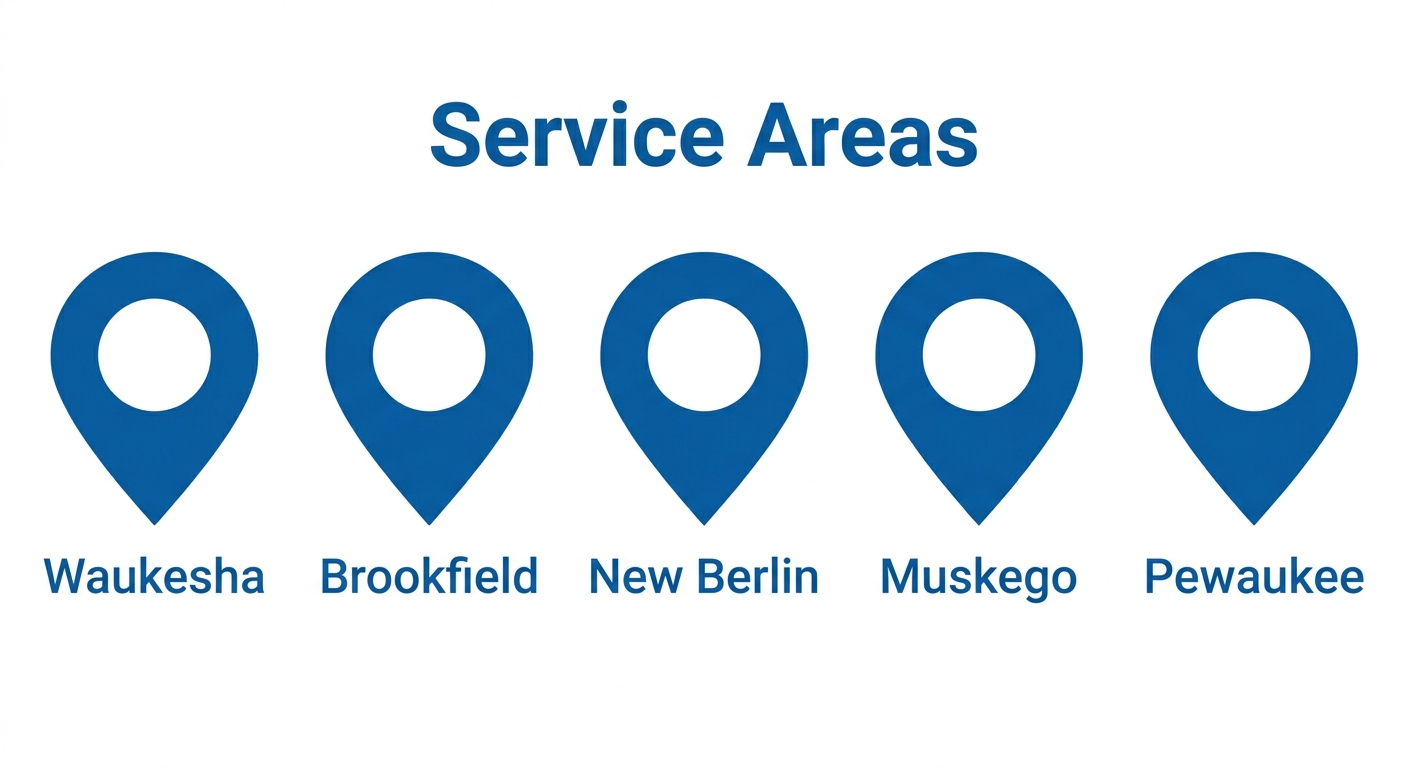 Infographic showing service areas of Third Coast Heating & Cooling across Waukesha, Brookfield, New Berlin, Muskego, and Pewaukee, each marked with a blue map pin, with header 'Service Areas'.
