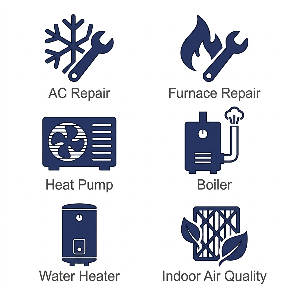 Grid of six HVAC service icons: AC Repair with snowflake and wrench, Furnace Repair with flame and wrench, Heat Pump outdoor unit, Boiler with steam pipe, Water Heater tank, and Indoor Air Quality with air filter and leaves.