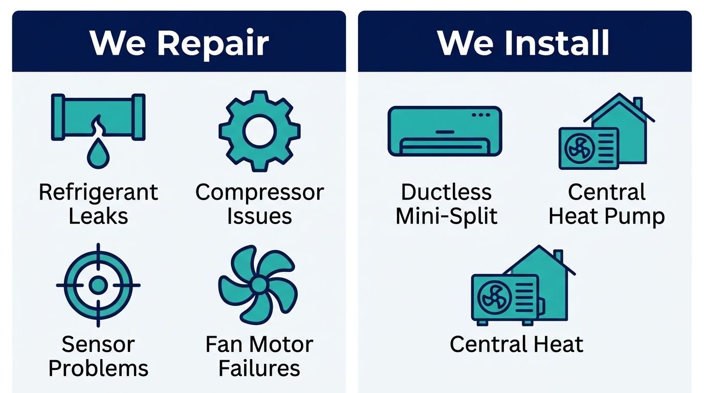 Infographic showing heat pump repair services (refrigerant leaks, compressor issues, sensor problems, fan motor failures) and installation services (ductless mini-split, central heat pump) offered by Third Coast Heating & Cooling in Brookfield, WI, with navy and teal icons.