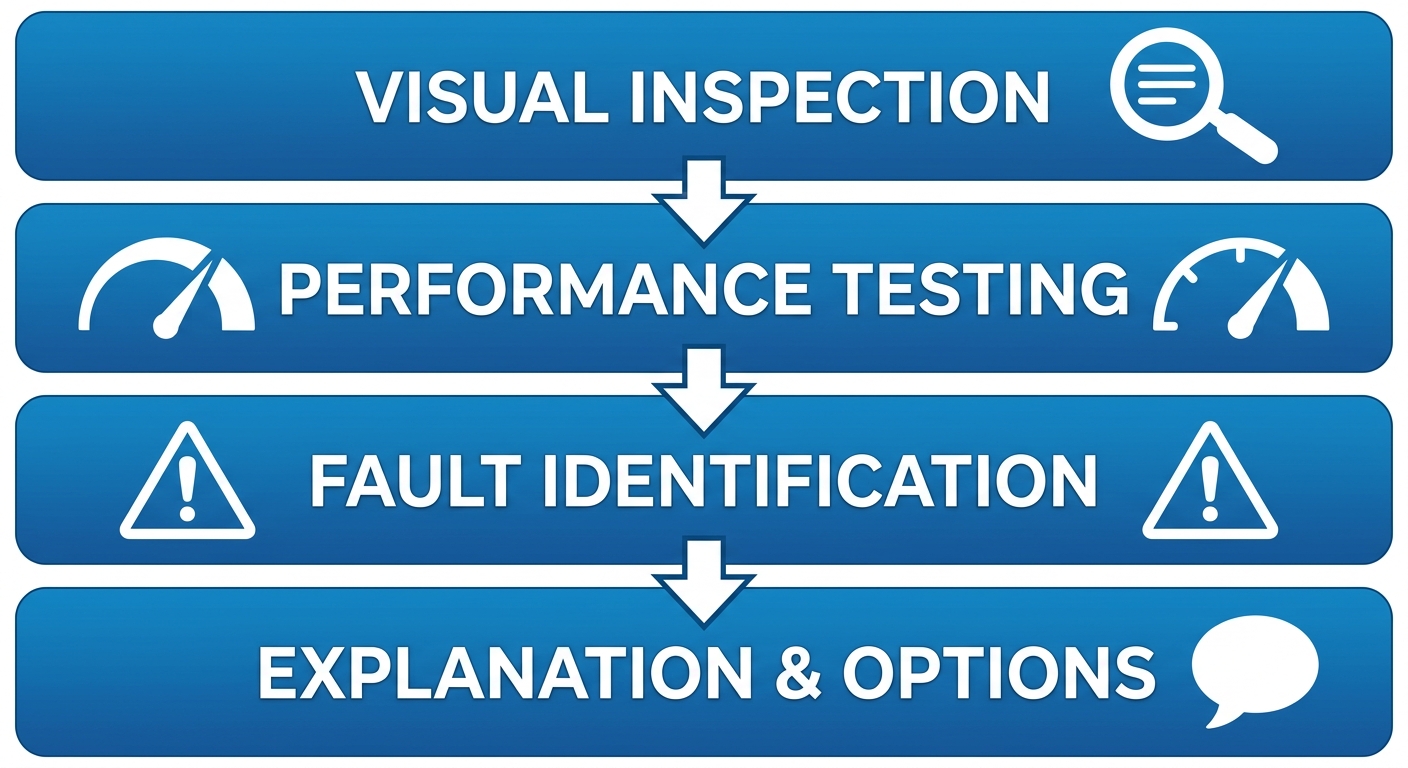 Vertical process flow diagram of four HVAC diagnostic steps: Visual Inspection, Performance Testing, Fault Identification, and Explanation & Options, with rounded rectangle stages connected by downward arrows, gradient blue fills, and icon symbols for each step in a professional technical style.