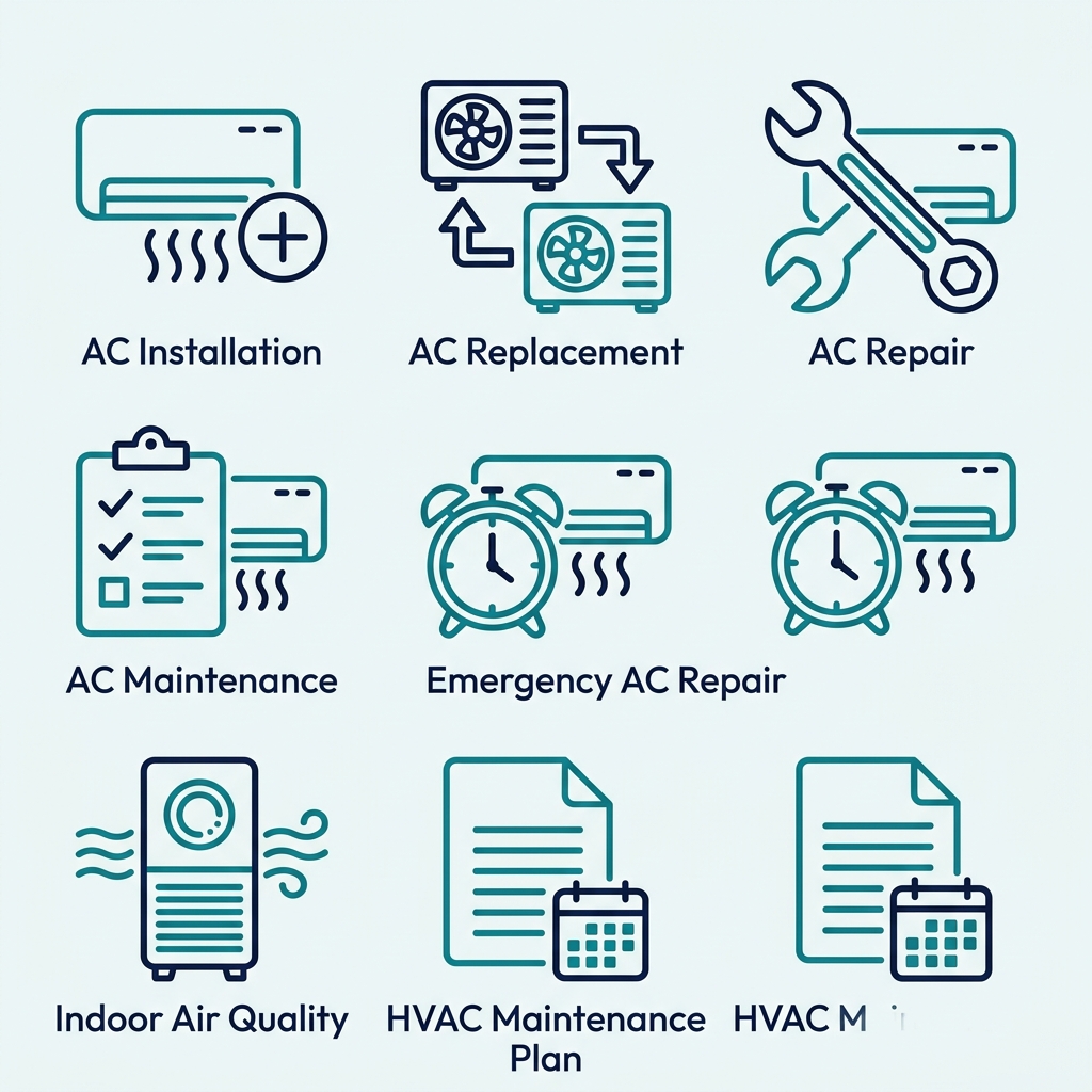 Seven teal outline icons representing AC services and indoor air quality, including installation, repair, maintenance, and emergency service, arranged in a grid on a light background.