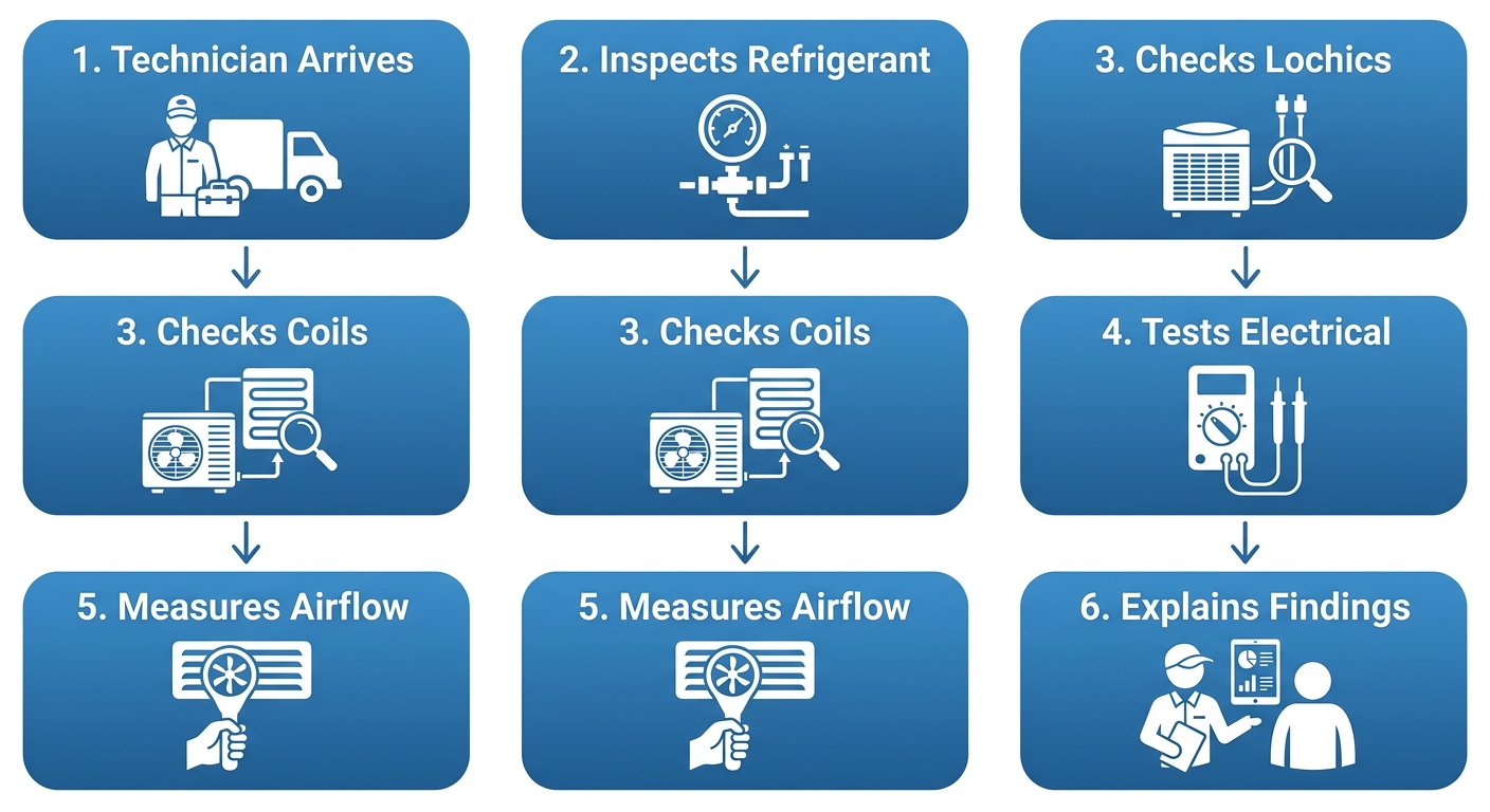 Vertical process-flow diagram showing six stages of an AC diagnostic visit at Third Coast Heating & Cooling: Technician Arrives, Inspects Refrigerant, Checks Coils, Tests Electrical, Measures Airflow, Explains Findings, with numbered labels and downward arrows connecting rounded rectangular boxes.