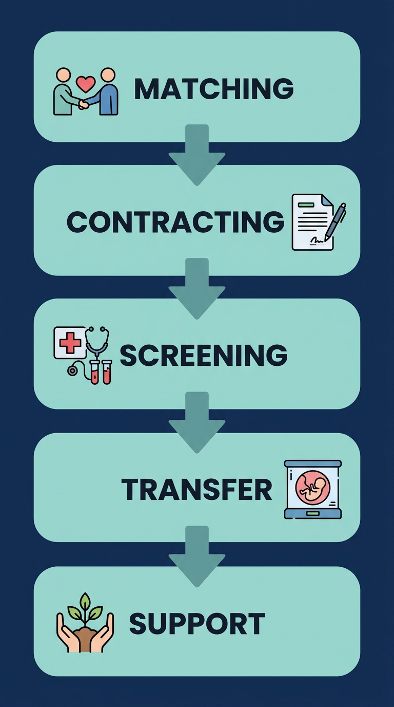 Gestational carrier journey shown in five connected stages from matching to post-transfer support.