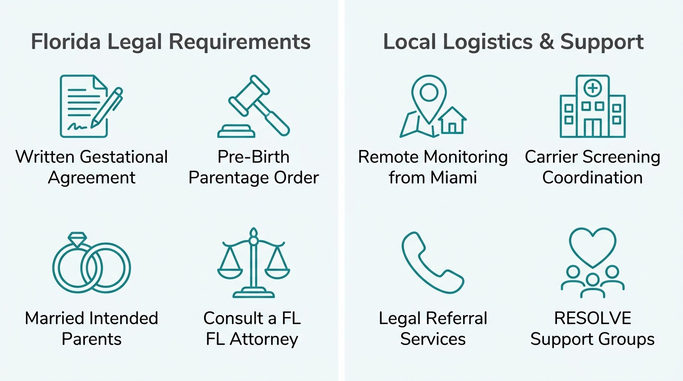 Two-column infographic comparing Florida surrogacy legal requirements and local logistics support items.