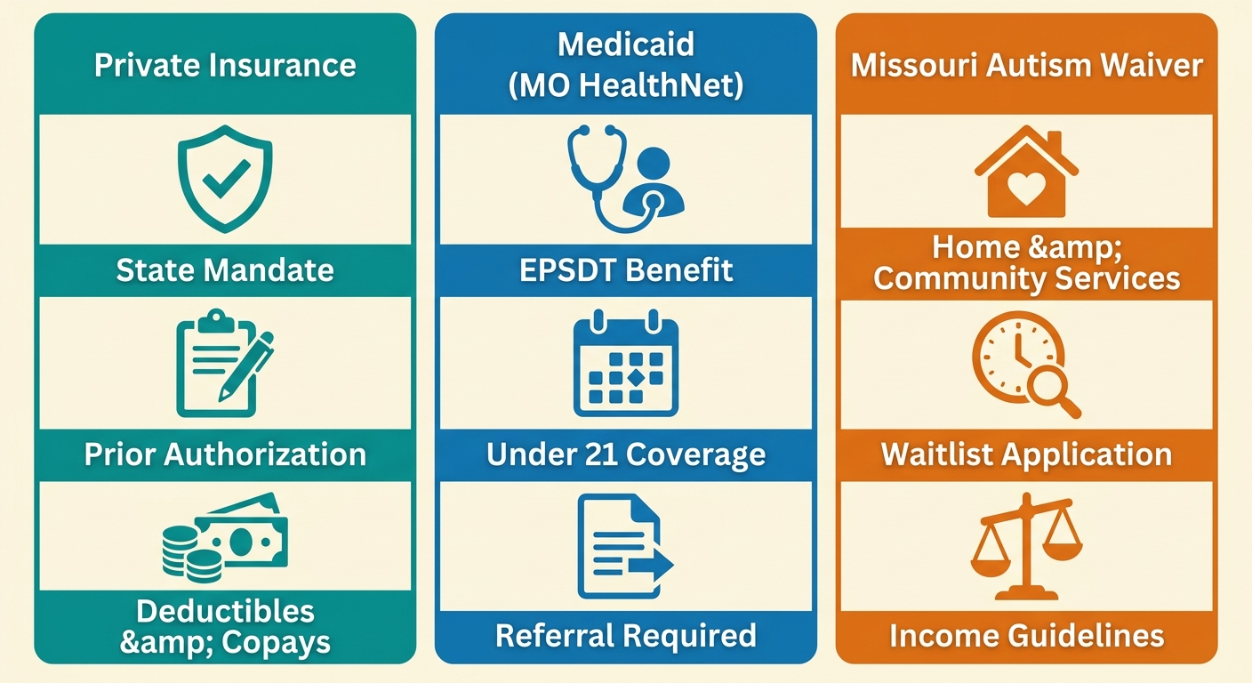 Infographic comparing three funding paths for ABA therapy in Missouri: Private Insurance, Medicaid (MO HealthNet), and Missouri Autism Waiver.