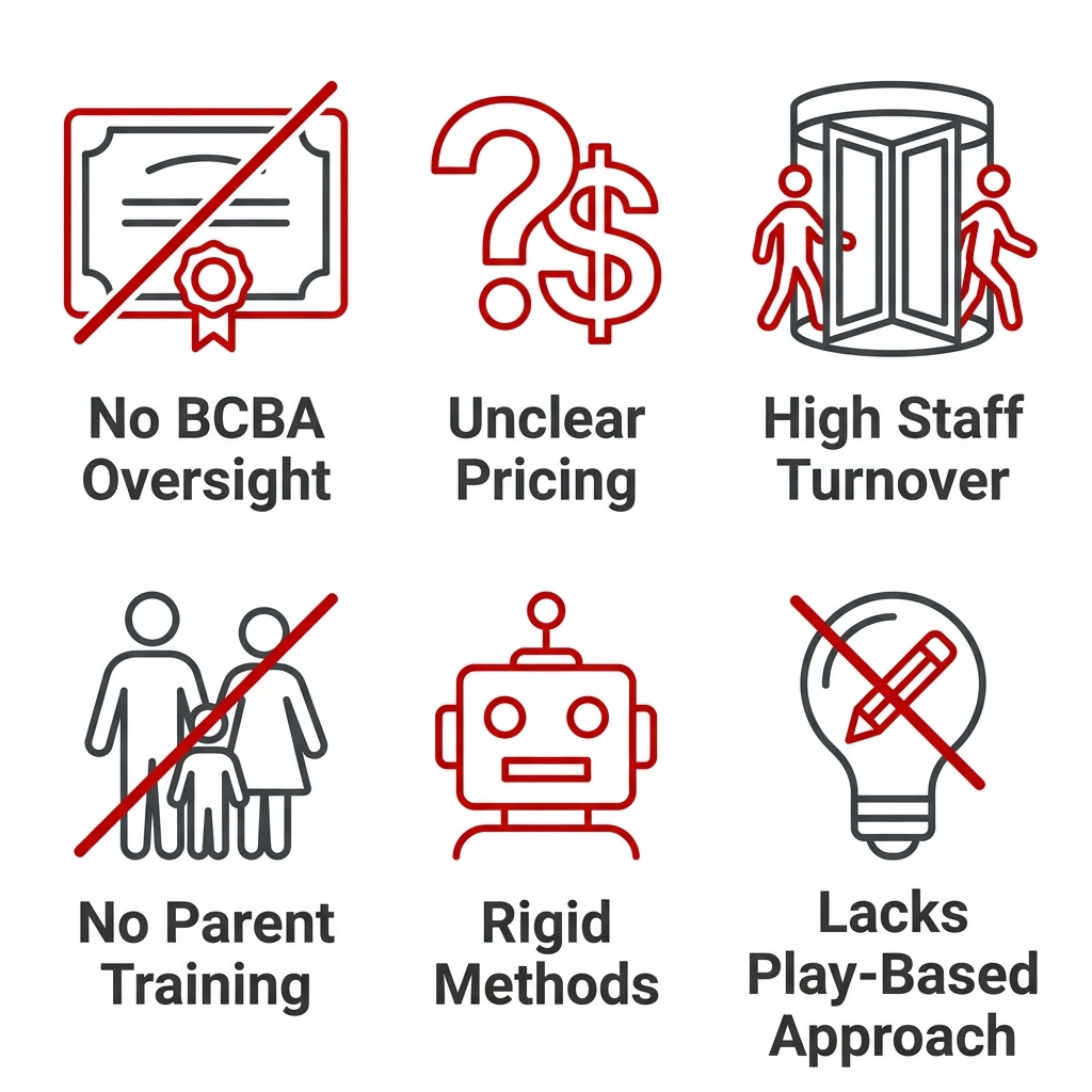 Icon set of six red and dark gray warning signs for choosing an ABA provider in Columbia, MO: no BCBA oversight, unclear pricing, high staff turnover, no parent training, rigid methods, and lacks play-based approach.