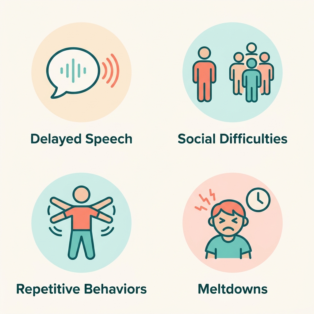 Four icons showing common signs a child may need ABA therapy: delayed speech, social difficulties, repetitive behaviors, and meltdowns.
