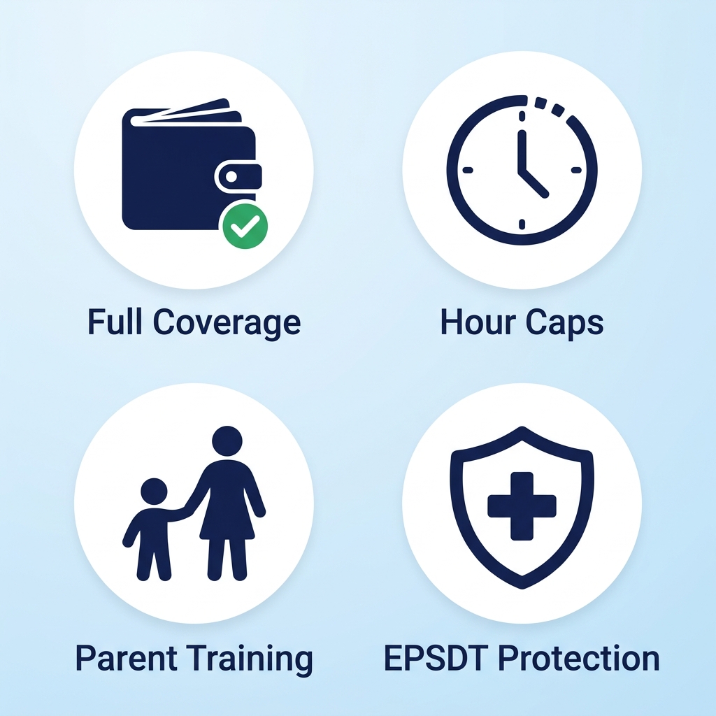 Four icons representing Medicaid benefits for ABA therapy: full coverage, hour caps, parent training, and EPSDT protection.