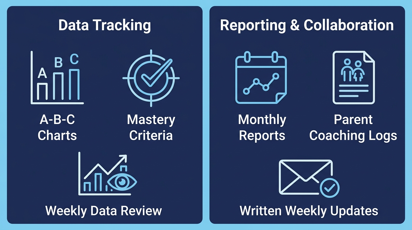 Infographic illustrating data tracking and reporting methods for home-based ABA therapy programs in Kansas City, showing A-B-C Charts, Mastery Criteria, Weekly Data Review, Monthly Reports, Parent Coaching Logs, and Written Weekly Updates with flat icons on a navy background.