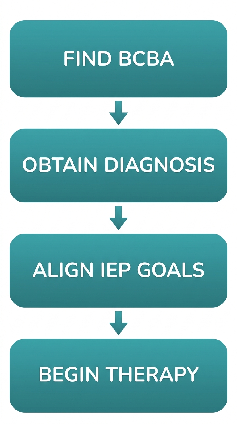 Process flow diagram with four rounded rectangle steps arranged vertically connected by downward arrows showing the steps to start ABA therapy: Find BCBA, Obtain Diagnosis, Align IEP Goals, and Begin Therapy, using teal gradient boxes with white labels.