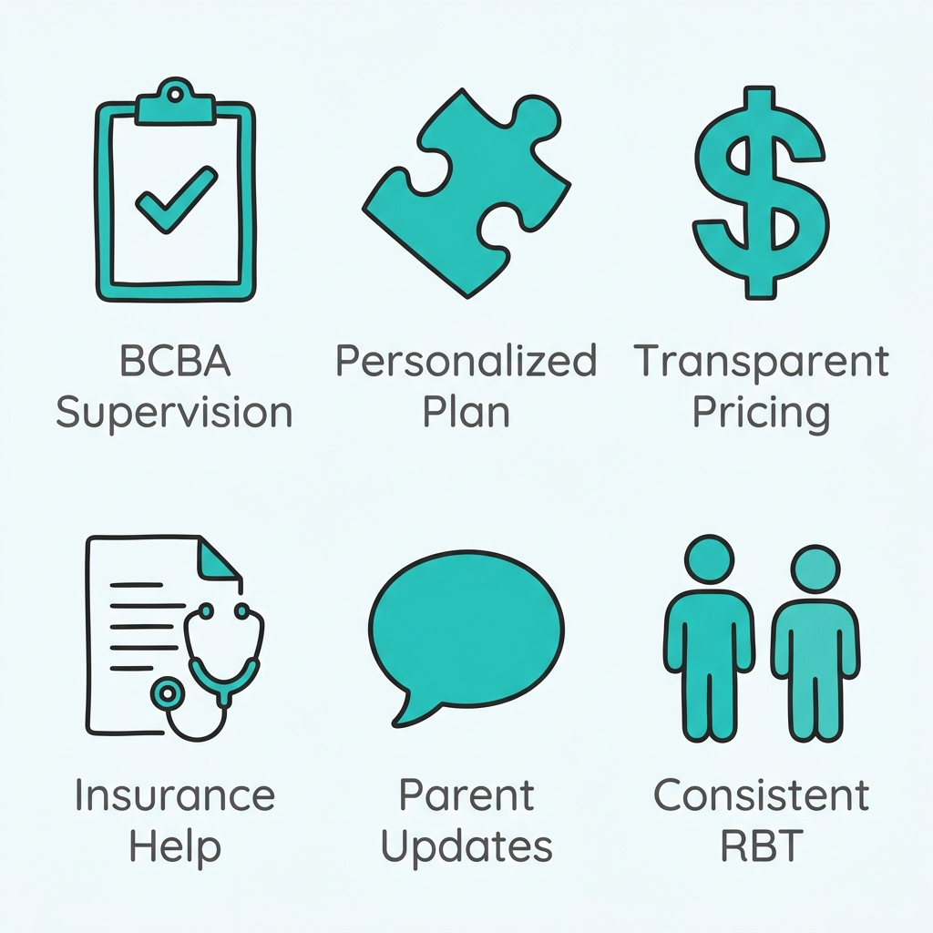 Flat icons in teal on white background, 2 rows x 3 columns, labels below in gray sans-serif, generous spacing.