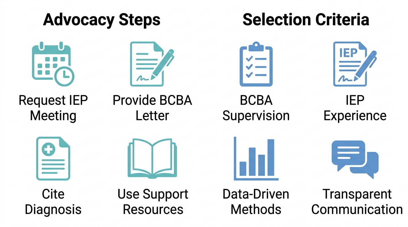 Two-column infographic comparing advocacy steps and selection criteria for school-based ABA programs, featuring teal and blue icons on a white background