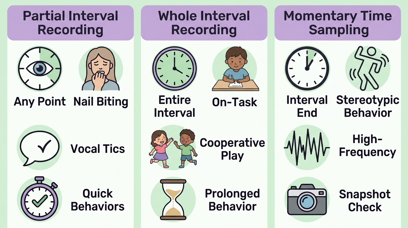 Infographic comparing partial interval recording, whole interval recording, and momentary time sampling for ABA therapy data collection