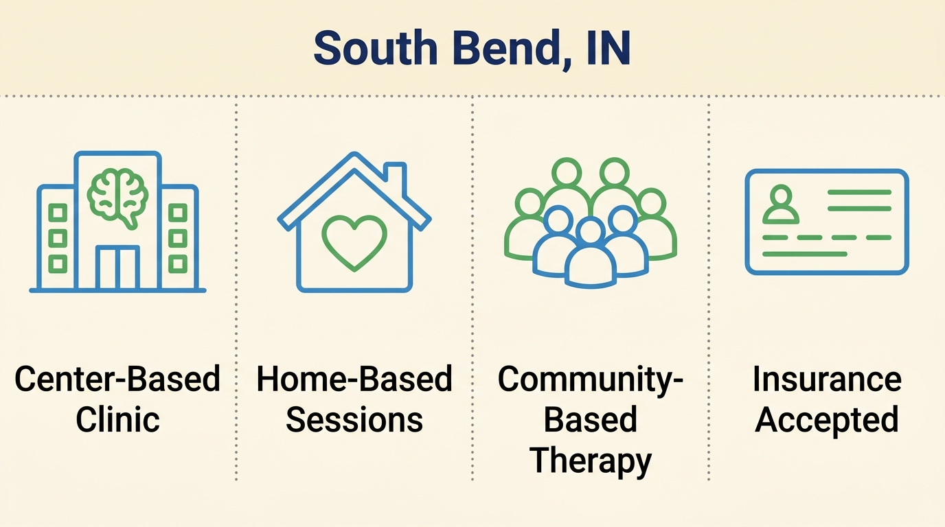 Clear three-column infographic for South Bend, IN showing center-based clinic, home-based sessions, community-based therapy, and insurance accepted icons in a friendly blue-and-green palette on a soft cream background.