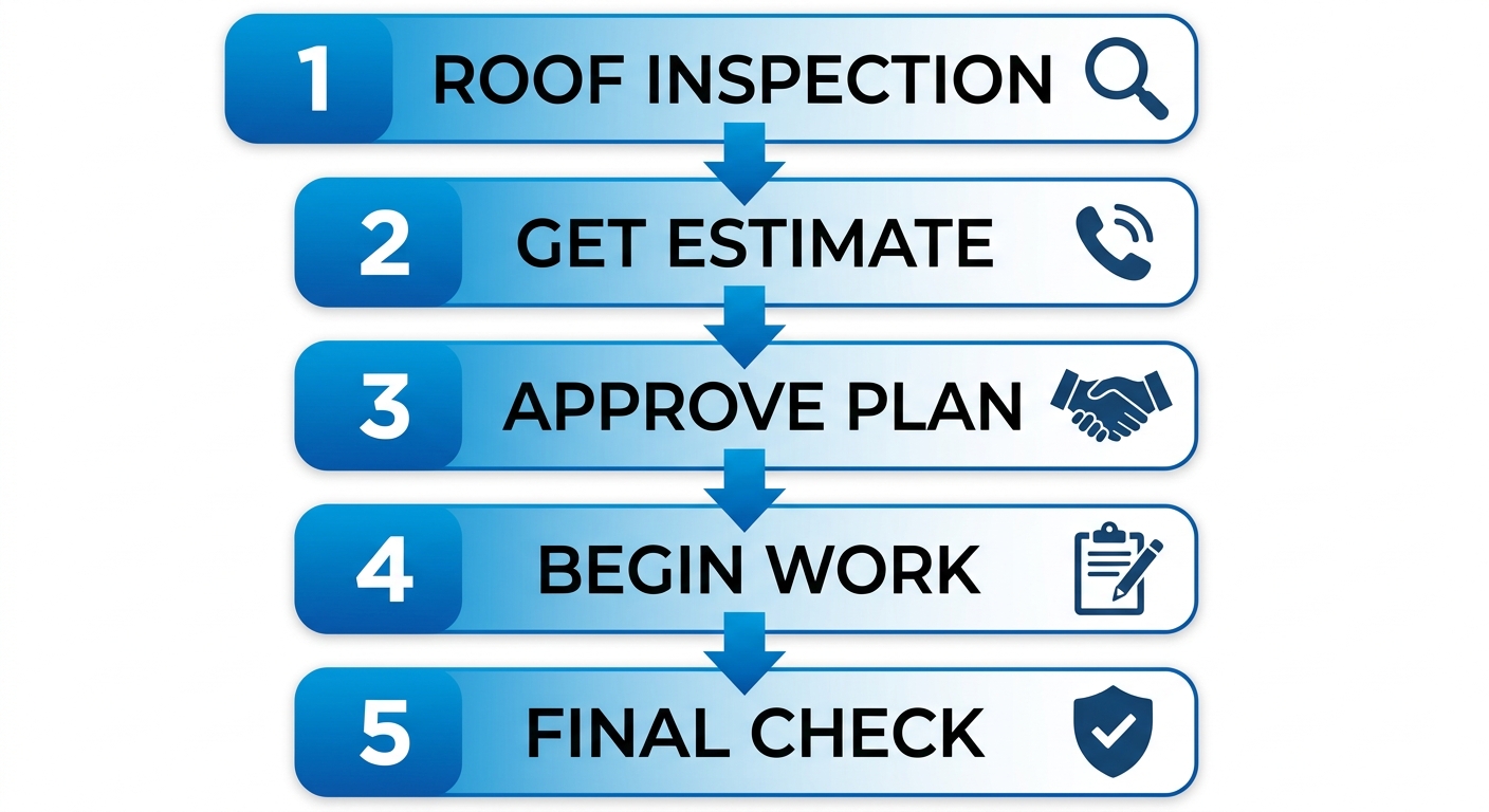 Vertical process flow of 5 steps for a roofing project: roof inspection, get estimate, approve plan, begin work, final check. Each step has a number, label, and icon.