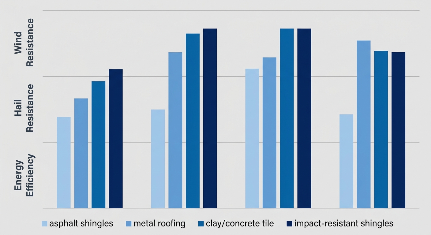 Comparative landscape bar chart showing four roofing materials - asphalt shingles, metal roofing, clay/concrete tile, and impact-resistant shingles - evaluated across three performance indicators: wind resistance, hail resistance, and energy efficiency. Horizontal bars use varying shades of blue to represent relative performance without numeric values.