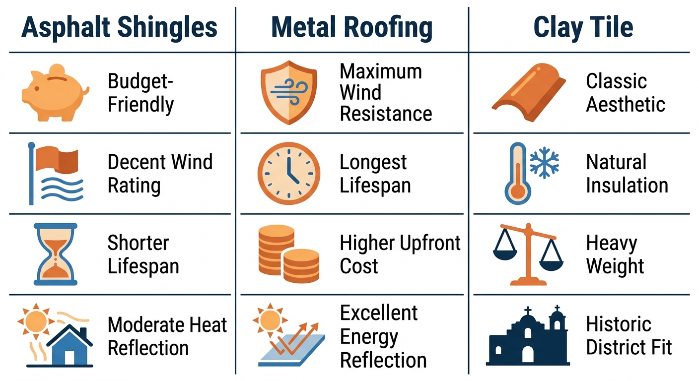 Three-column infographic comparing three roofing materials: Asphalt Shingles, Metal Roofing, and Clay Tile, with flat icons and headers.