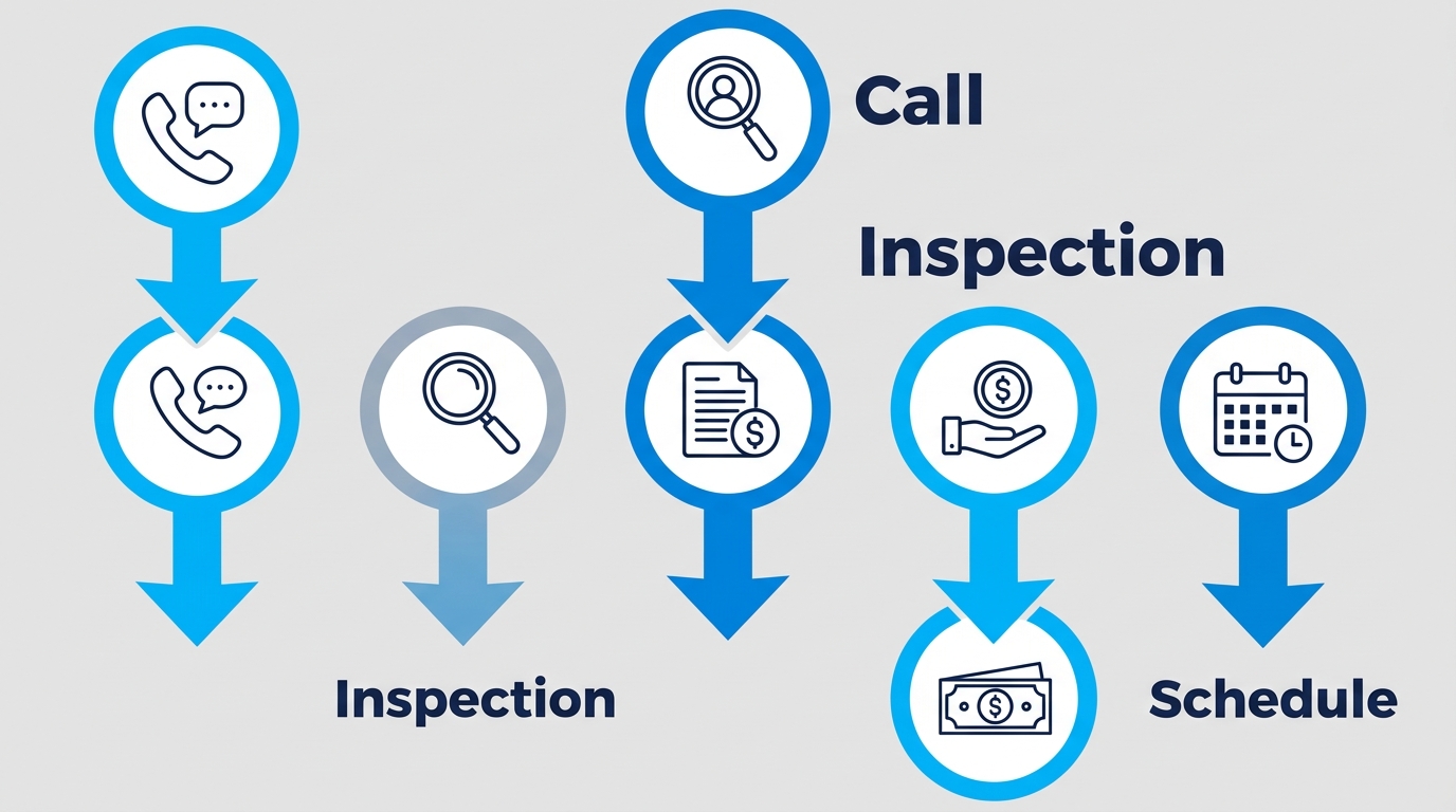 Five-step vertical process flow for starting a roof replacement in Los Fresnos, Texas: call, inspection, estimate, financing, schedule.