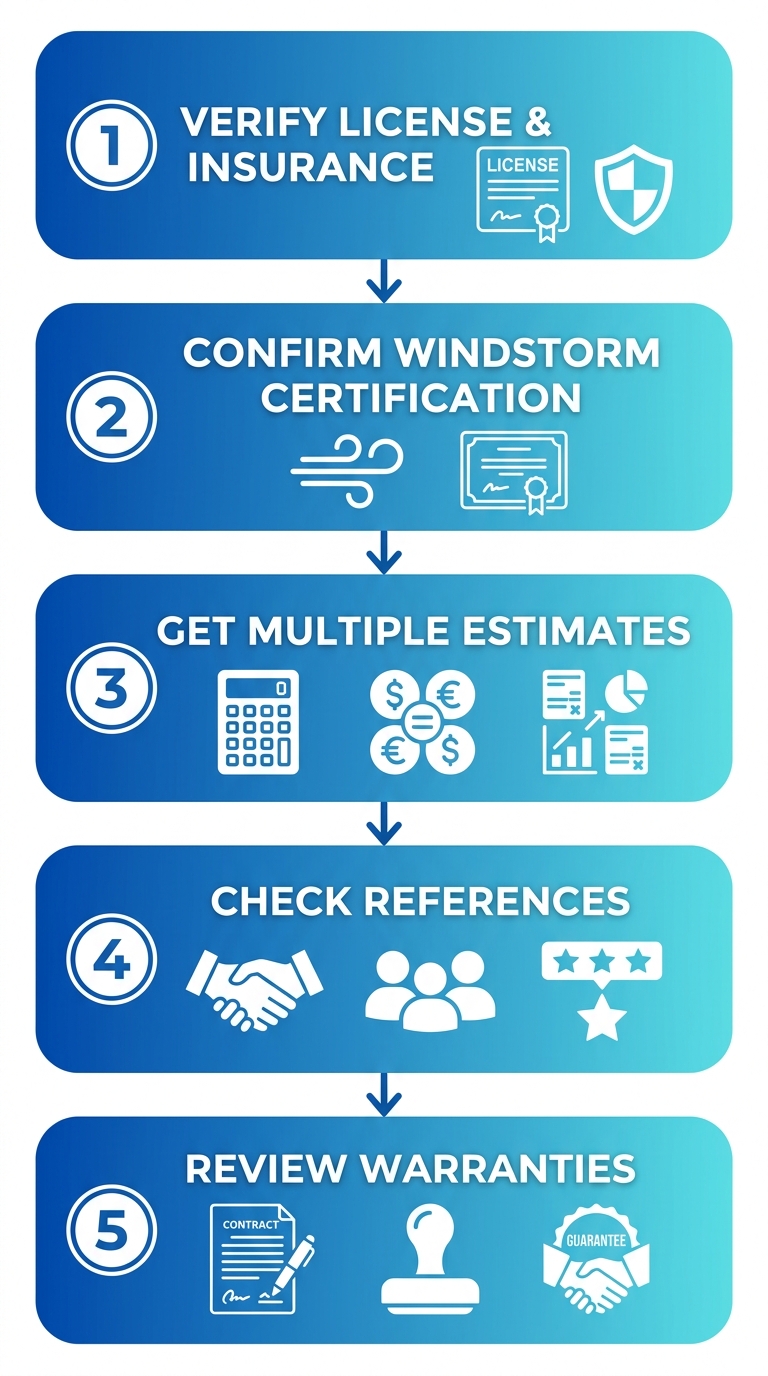 Vertical process flow showing five steps to hire a roofing company: verify license, confirm windstorm certification, get estimates, check references, review warranties, with blue gradient stages and icons.