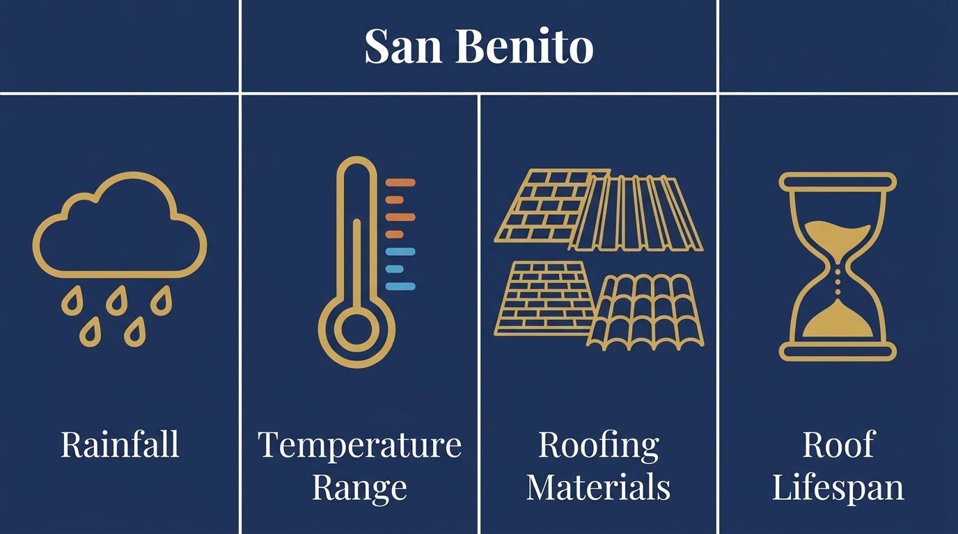 Infographic illustration on navy blue background with gold outlined icons representing four roofing climate factors for San Benito: rainfall, temperature range, roofing materials, and roof lifespan, with white labels.