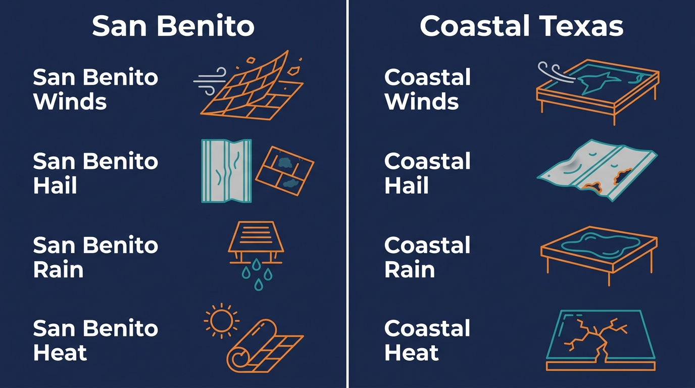 Infographic comparing roof damage patterns from San Benito climate versus Coastal Texas, with illustrated weather events and damage types.
