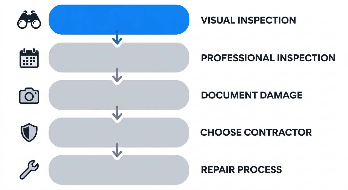 A vertical process flow showing 5 stages for roof repair journey from visual inspection to repair process