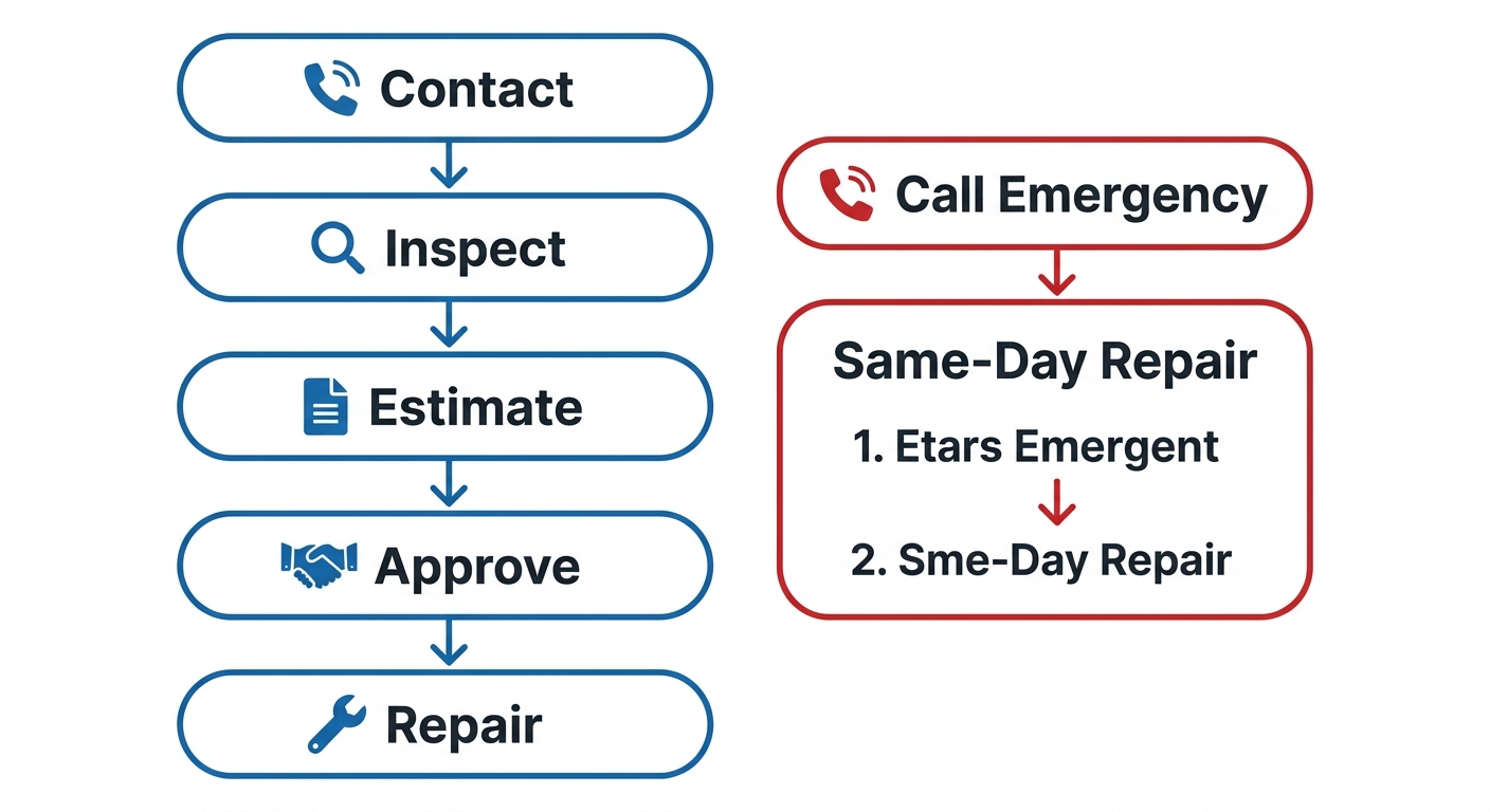 Vertical process flow showing standard and emergency paths for roof inspection and repair services