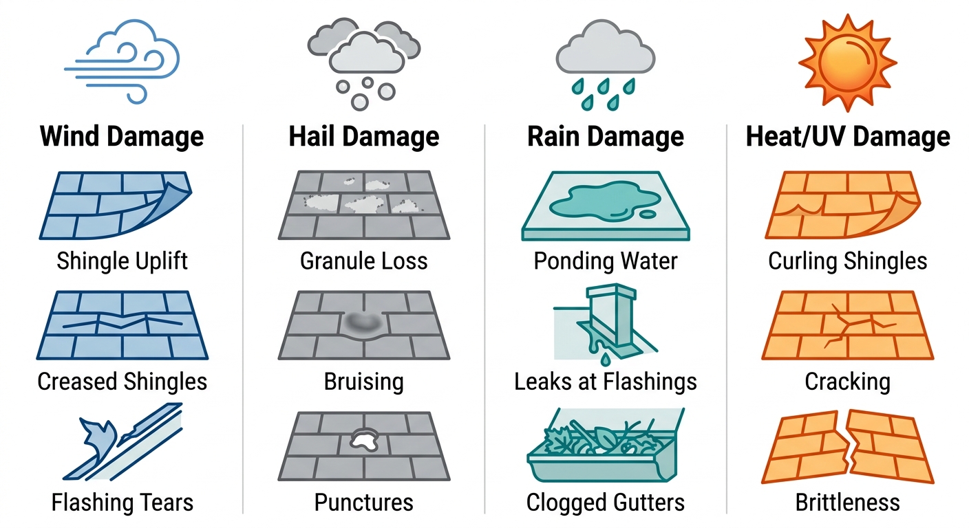 Infographic comparing four roof damage threats: wind, hail, rain, and heat/UV light with corresponding damage signs