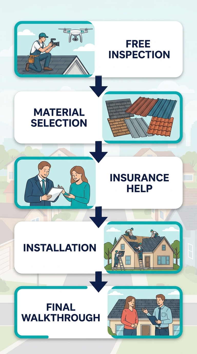 Five-step process diagram for roof replacement: Free Inspection, Material Selection, Insurance Help, Installation, Final Walkthrough, with teal and navy brand colors