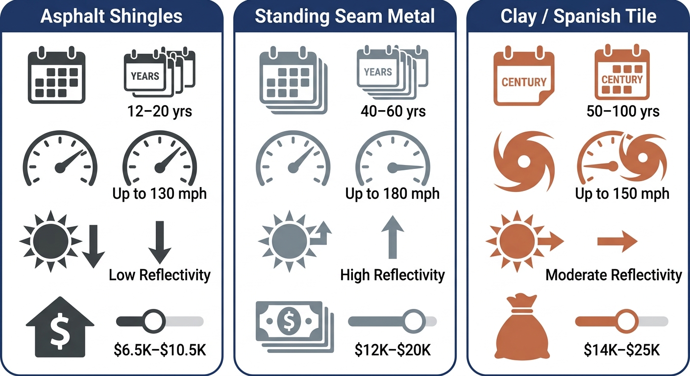 Comparison infographic of asphalt shingles, standing seam metal, and clay Spanish tile roofing options for Brownsville Texas