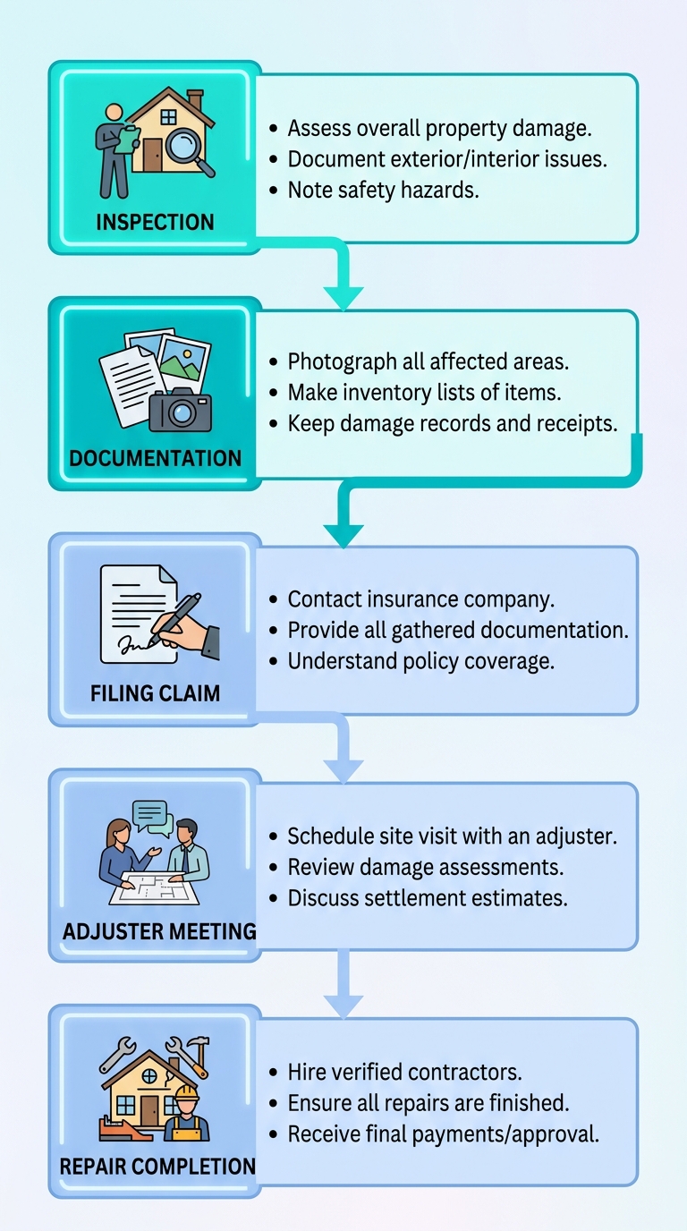 Process flow for roofing insurance claims: inspection, documentation, filing claim, adjuster meeting, and repair completion.